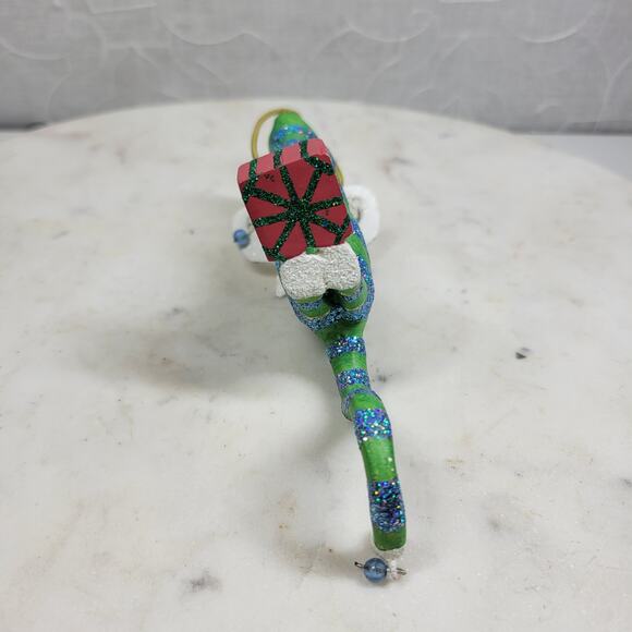 Vtg Cat Christmas Ornament 6.5" Green Glitter Striped Angel Wings Holiday Decor - Picture 8 of 15